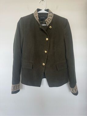 Zara Embroidered Cotton Collar Olive Green Women's military Jacket Blazer M